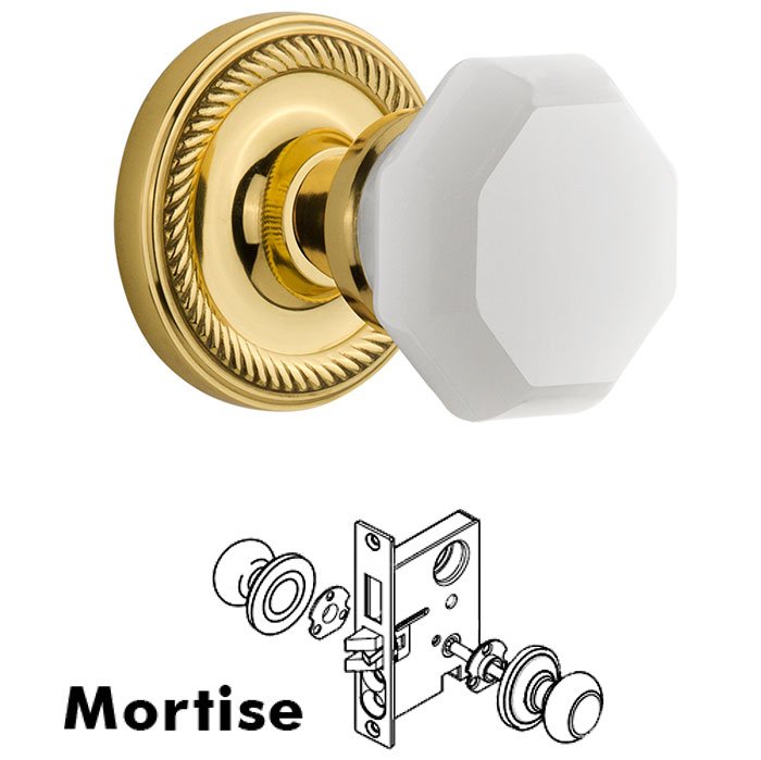 Interior Mortise - Rope Rosette with Waldorf White Milk Glass Knob in Polished Brass