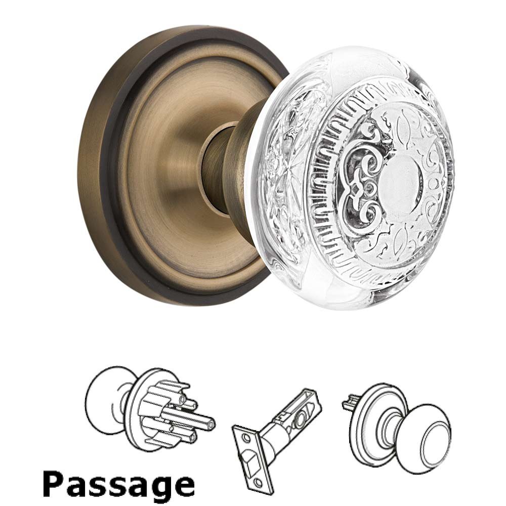 Passage - Classic Rosette With Crystal Egg & Dart Knob in Antique Brass