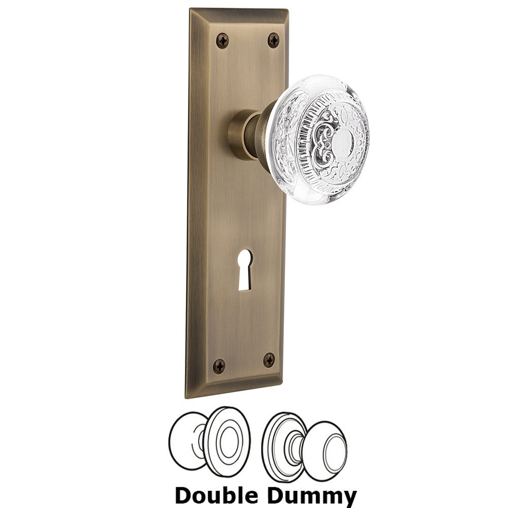 Double Dummy - New York Plate With Keyhole and Crystal Egg & Dart Knob in Antique Brass