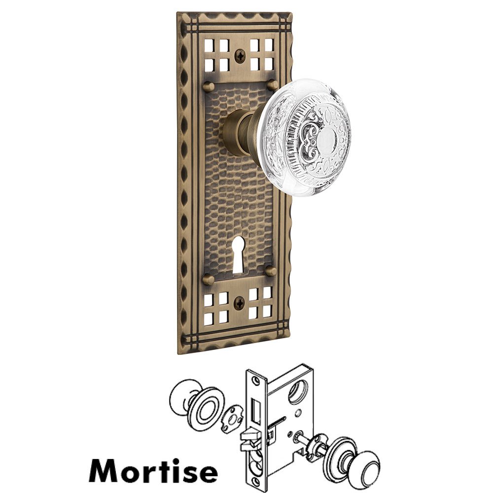 Mortise - Craftsman Plate With Crystal Egg & Dart Knob in Antique Brass