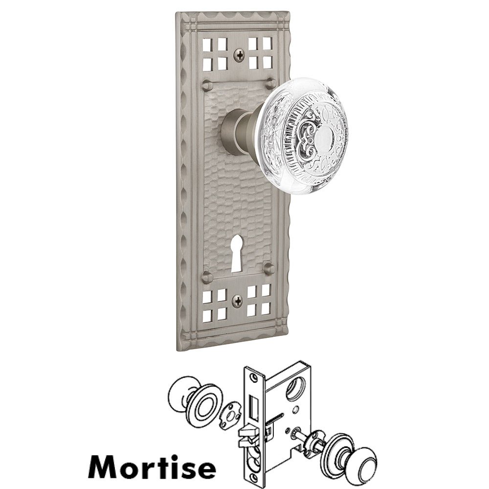 Mortise - Craftsman Plate With Crystal Egg & Dart Knob in Satin Nickel