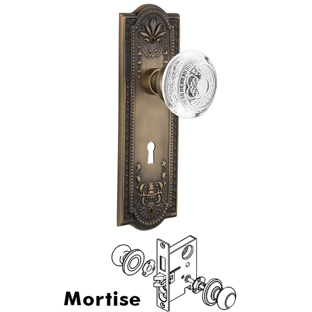 Mortise - Meadows Plate With Crystal Egg & Dart Knob in Antique Brass
