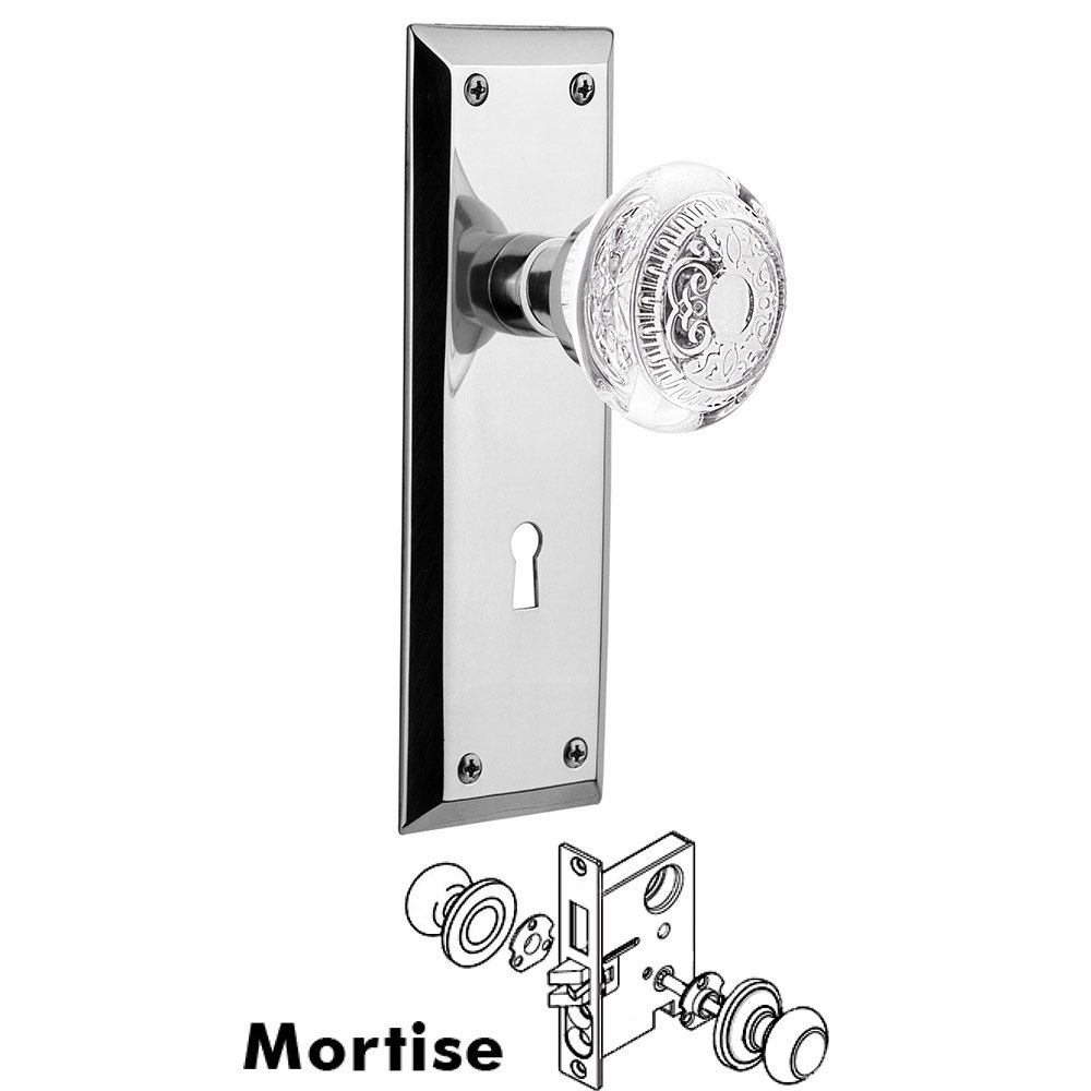 Mortise - New York Plate With Crystal Egg & Dart Knob in Bright Chrome