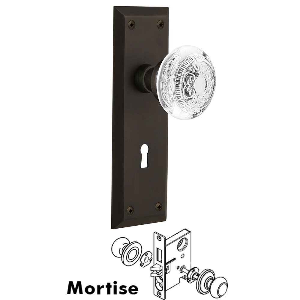 Mortise - New York Plate With Crystal Egg & Dart Knob in Oil-Rubbed Bronze
