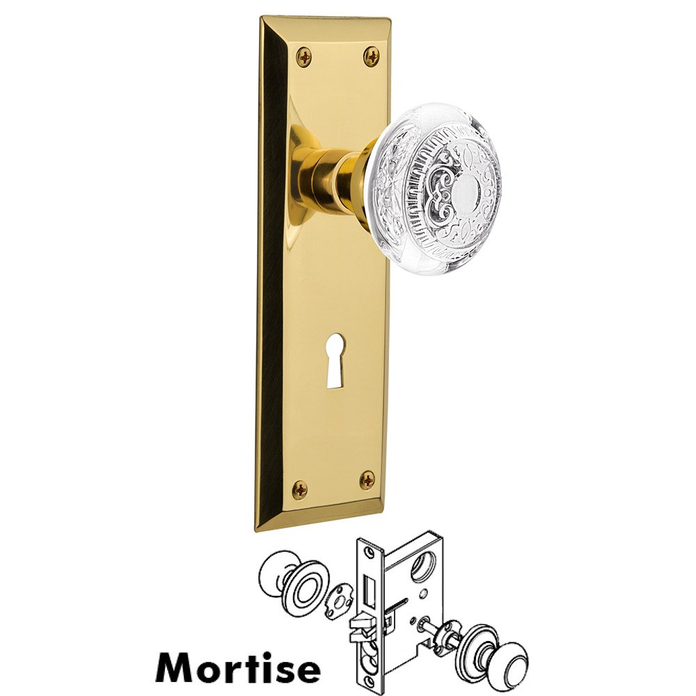 Mortise - New York Plate With Crystal Egg & Dart Knob in Polished Brass