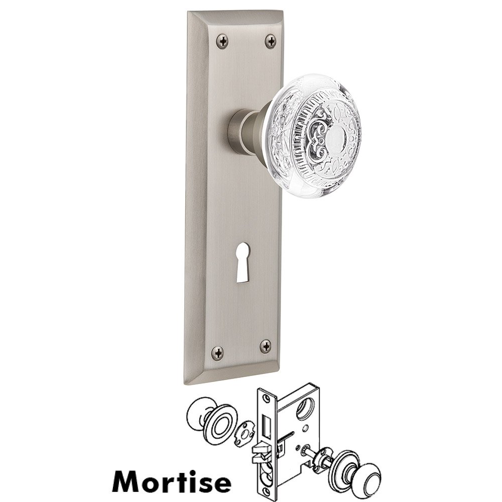Mortise - New York Plate With Crystal Egg & Dart Knob in Satin Nickel