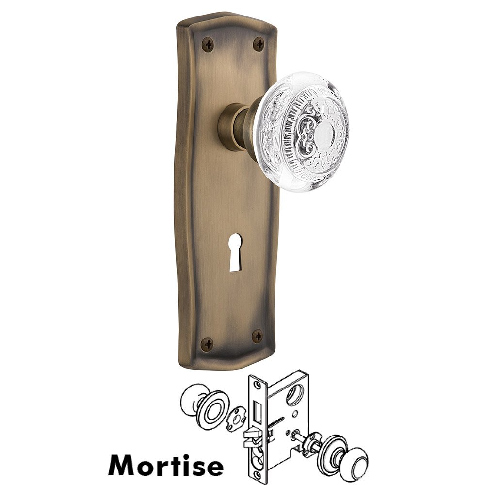 Mortise - Prairie Plate With Crystal Egg & Dart Knob in Antique Brass