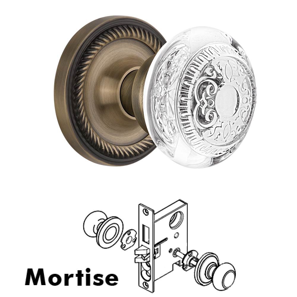 Mortise - Rope Rosette With Crystal Egg & Dart Knob in Antique Brass