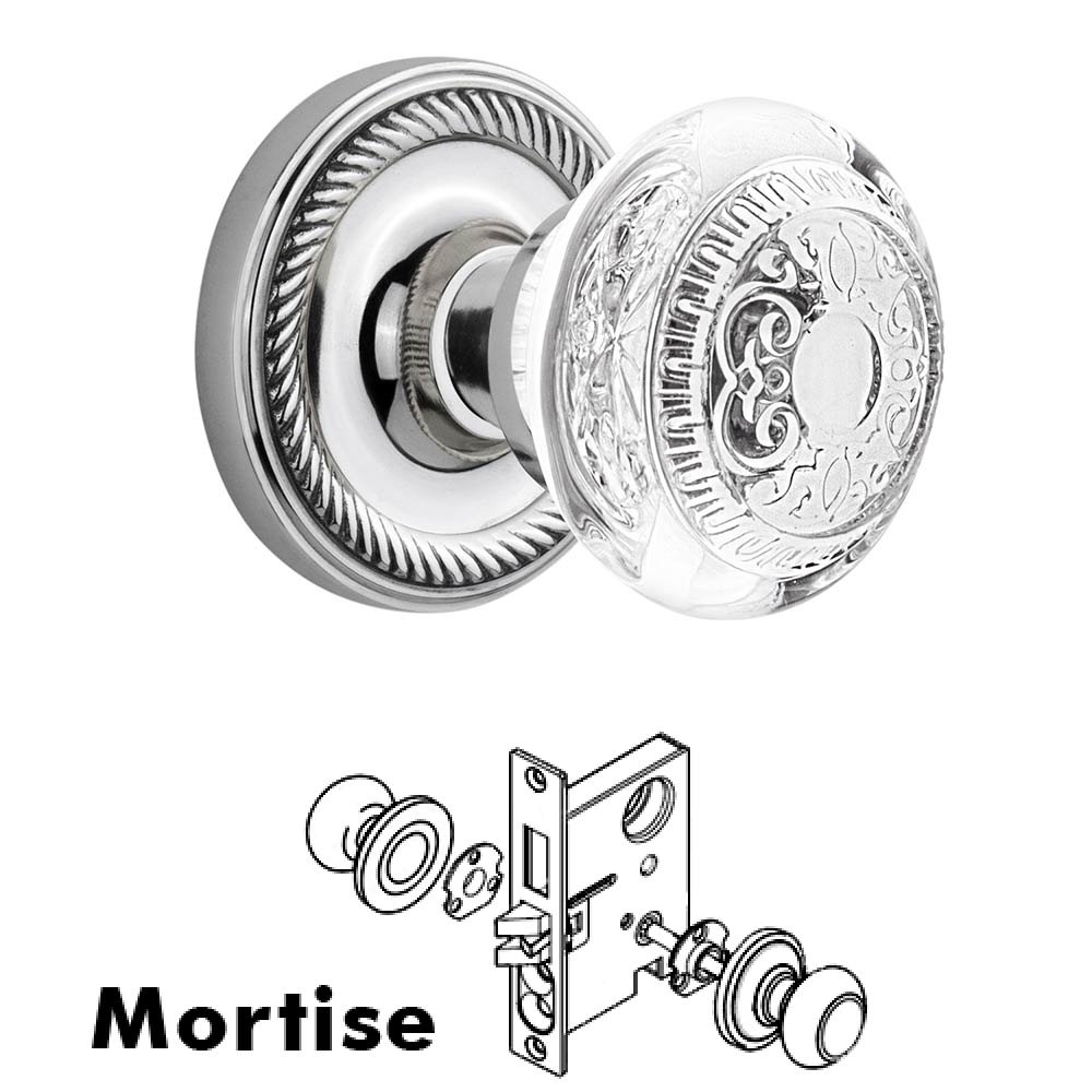 Mortise - Rope Rosette With Crystal Egg & Dart Knob in Bright Chrome