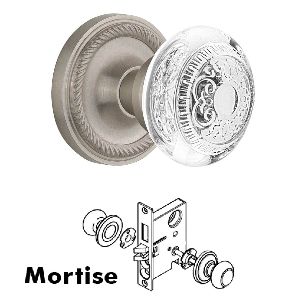 Mortise - Rope Rosette With Crystal Egg & Dart Knob in Satin Nickel