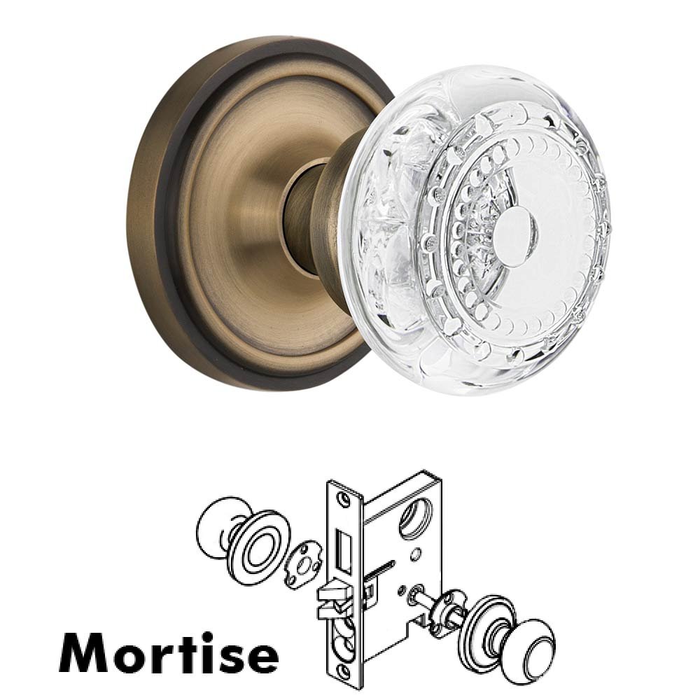 Mortise - Classic Rosette With Crystal Meadows Knob in Antique Brass
