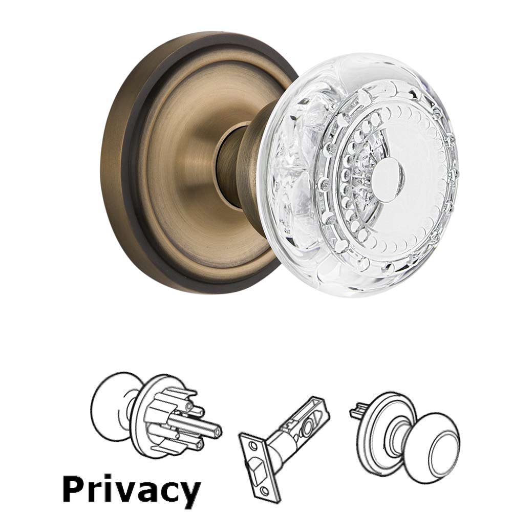 Privacy - Classic Rosette With Crystal Meadows Knob in Antique Brass