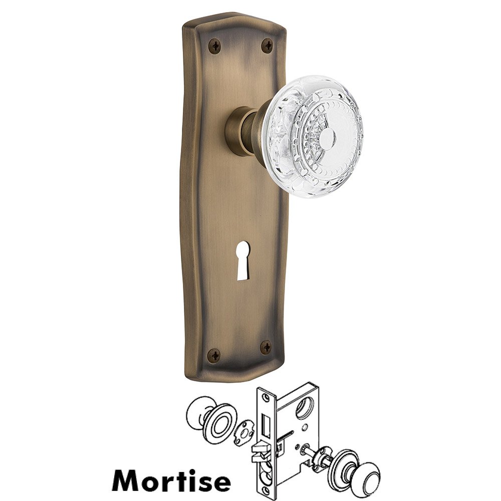 Mortise - Prairie Plate With Crystal Meadows Knob in Antique Brass