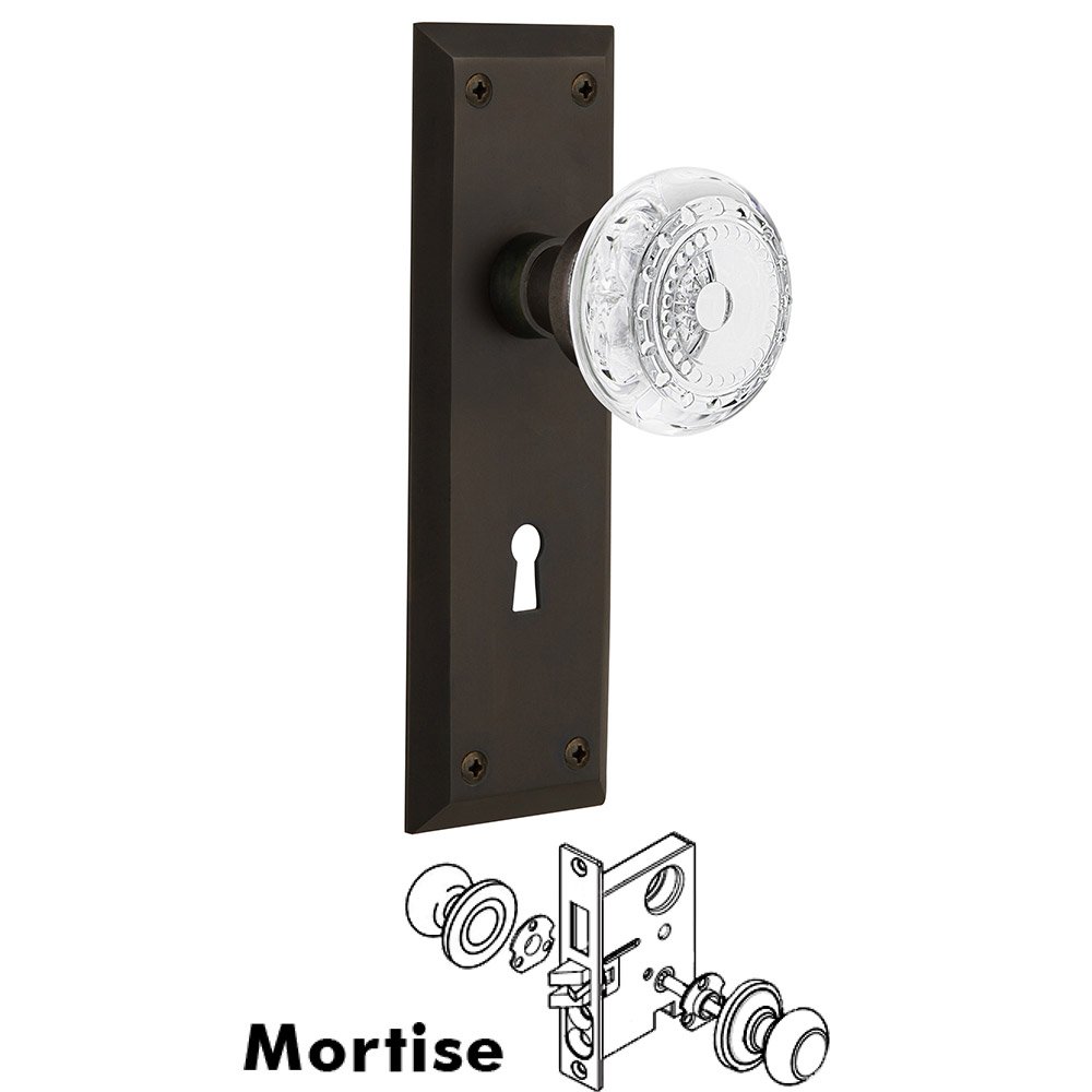 Mortise - New York Plate With Crystal Meadows Knob in Oil-Rubbed Bronze