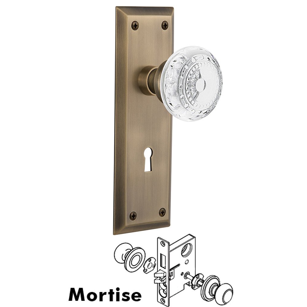Mortise - New York Plate With Crystal Meadows Knob in Antique Brass