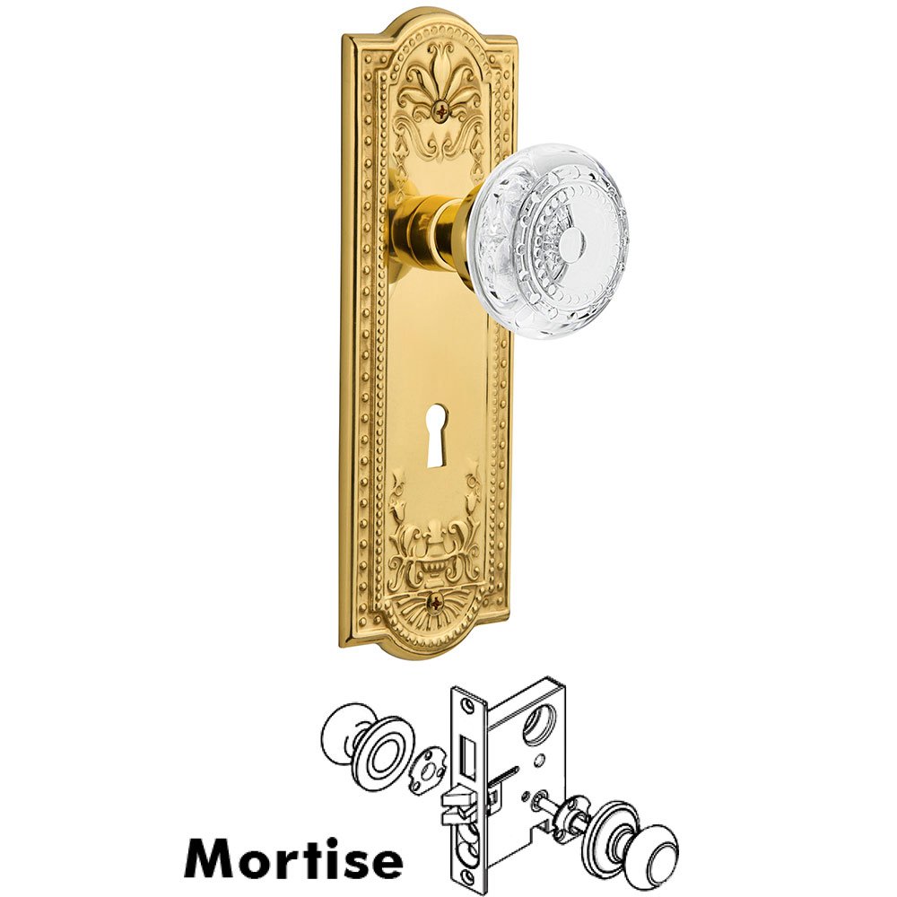 Mortise - Meadows Plate With Crystal Meadows Knob in Polished Brass