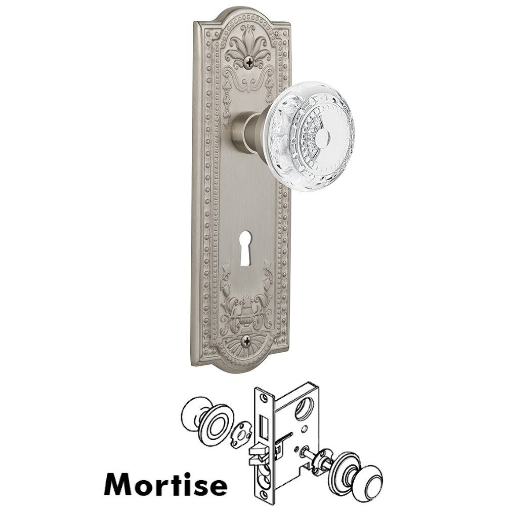 Mortise - Meadows Plate With Crystal Meadows Knob in Satin Nickel