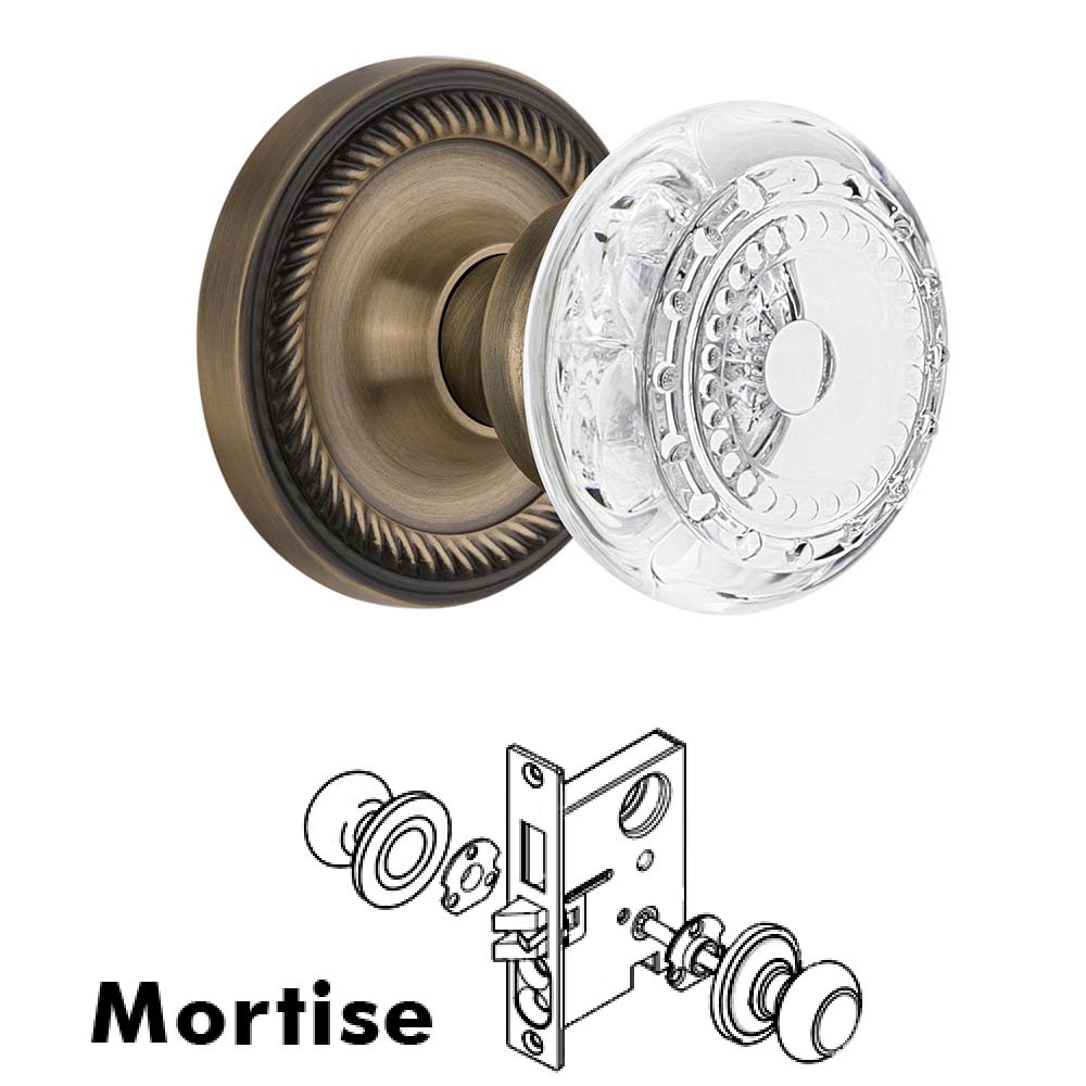 Mortise - Rope Rosette With Crystal Meadows Knob in Antique Brass