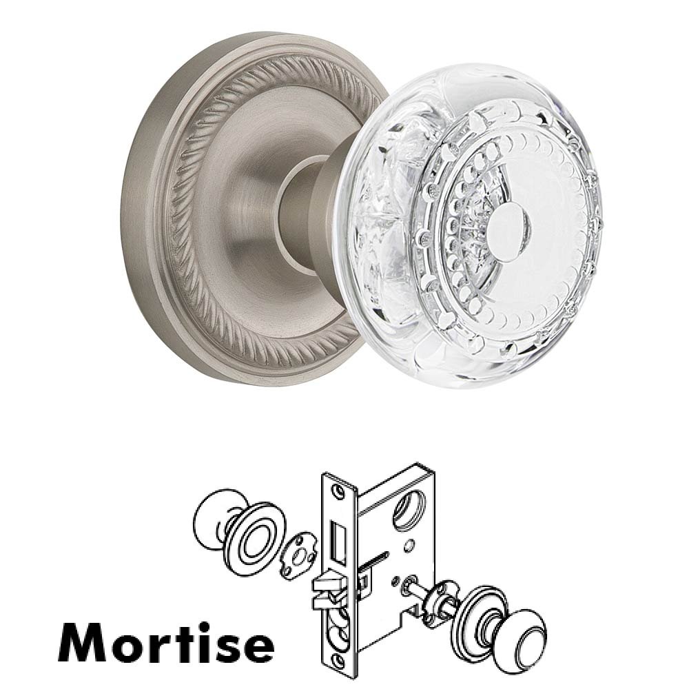 Mortise - Rope Rosette With Crystal Meadows Knob in Satin Nickel