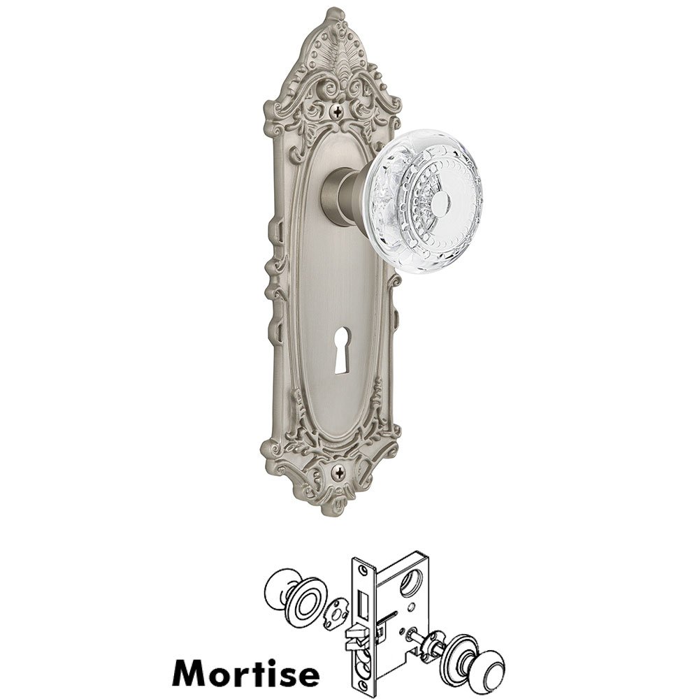 Mortise - Victorian Plate With Crystal Meadows Knob in Satin Nickel