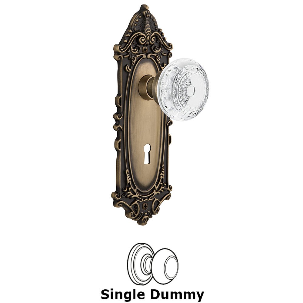 Single Dummy - Victorian Plate With Keyhole and Crystal Meadows Knob in Antique Brass