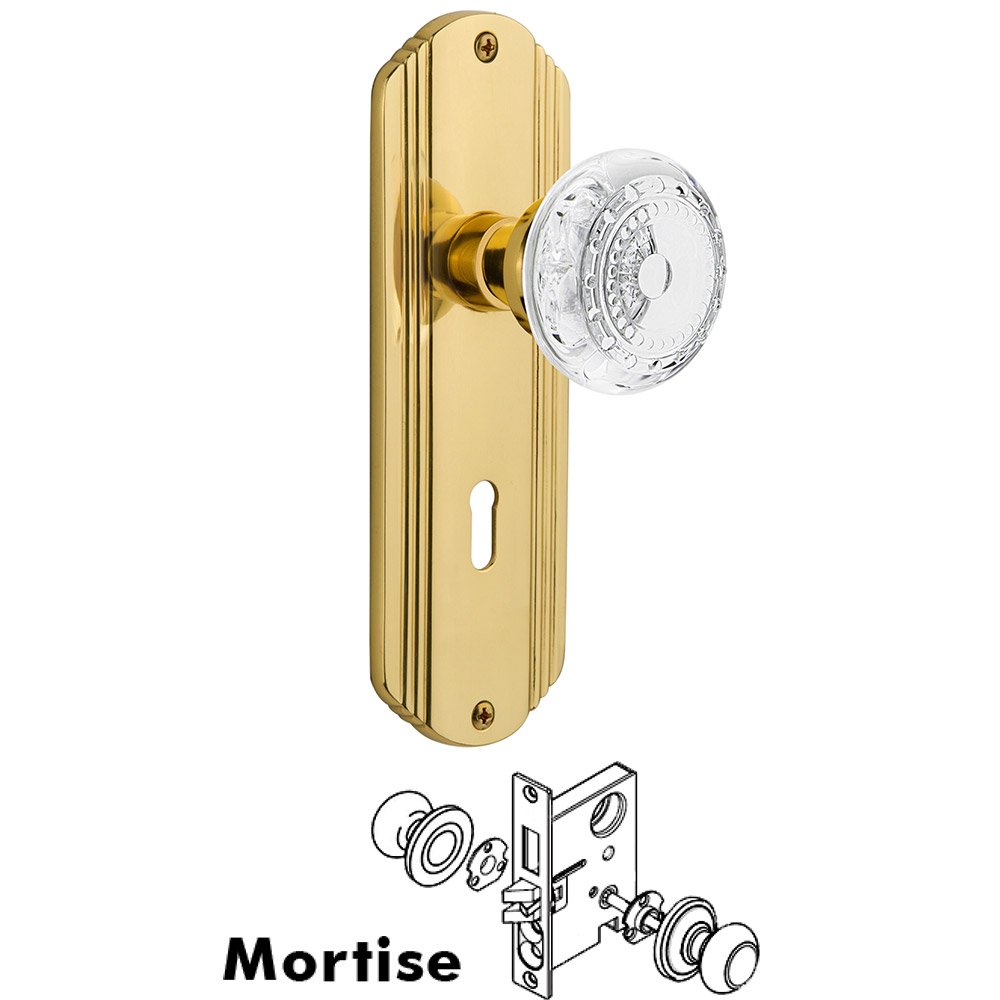 Mortise - Deco Plate With Crystal Meadows Knob in Polished Brass