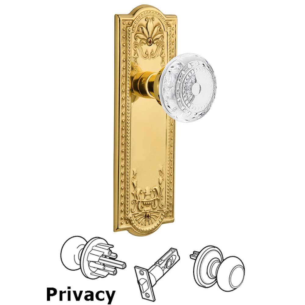 Privacy - Meadows Plate With Crystal Meadows Knob in Polished Brass