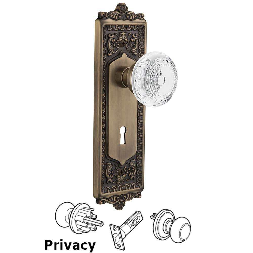Privacy - Egg & Dart Plate With Keyhole and Crystal Meadows Knob in Antique Brass