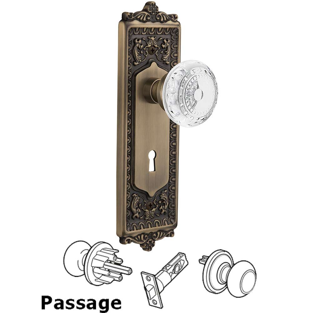 Passage - Egg & Dart Plate With Keyhole and Crystal Meadows Knob in Antique Brass