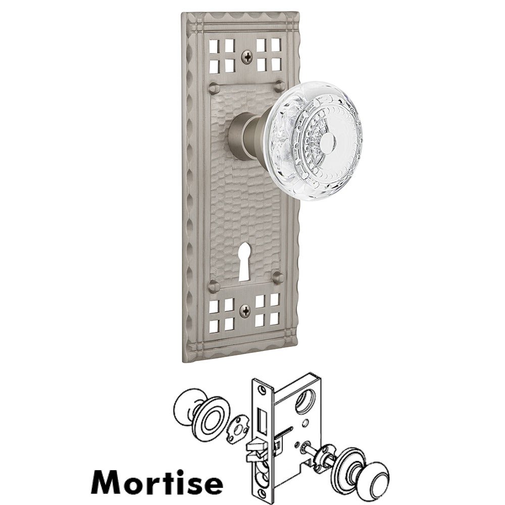 Mortise - Craftsman Plate With Crystal Meadows Knob in Satin Nickel