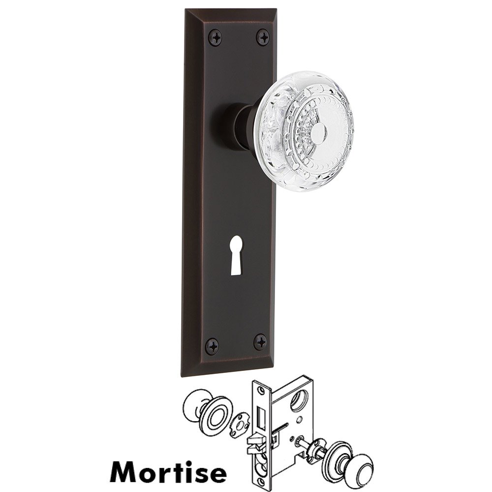 Mortise - New York Plate With Crystal Meadows Knob in Timeless Bronze