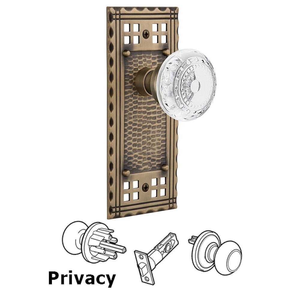 Privacy Craftsman Plate With Crystal Meadows Knob in Antique Brass