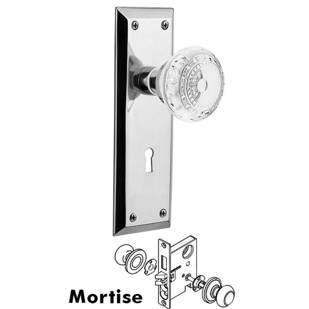 Mortise - New York Plate With Crystal Meadows Knob in Bright Chrome