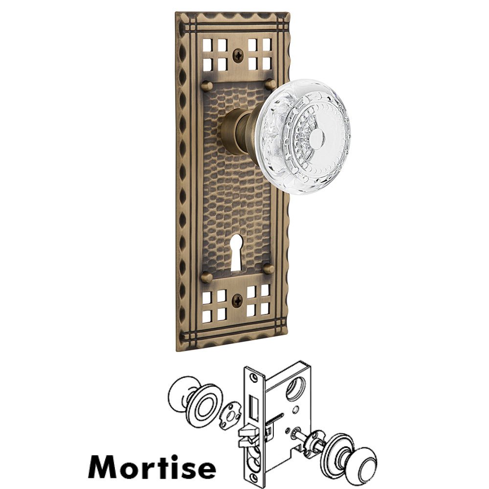 Mortise - Craftsman Plate With Crystal Meadows Knob in Antique Brass
