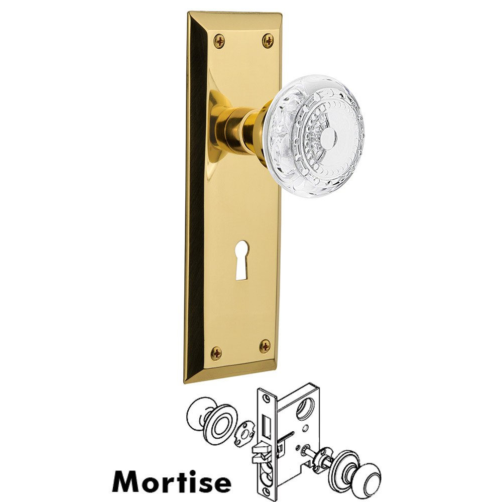 Mortise - New York Plate With Crystal Meadows Knob in Polished Brass