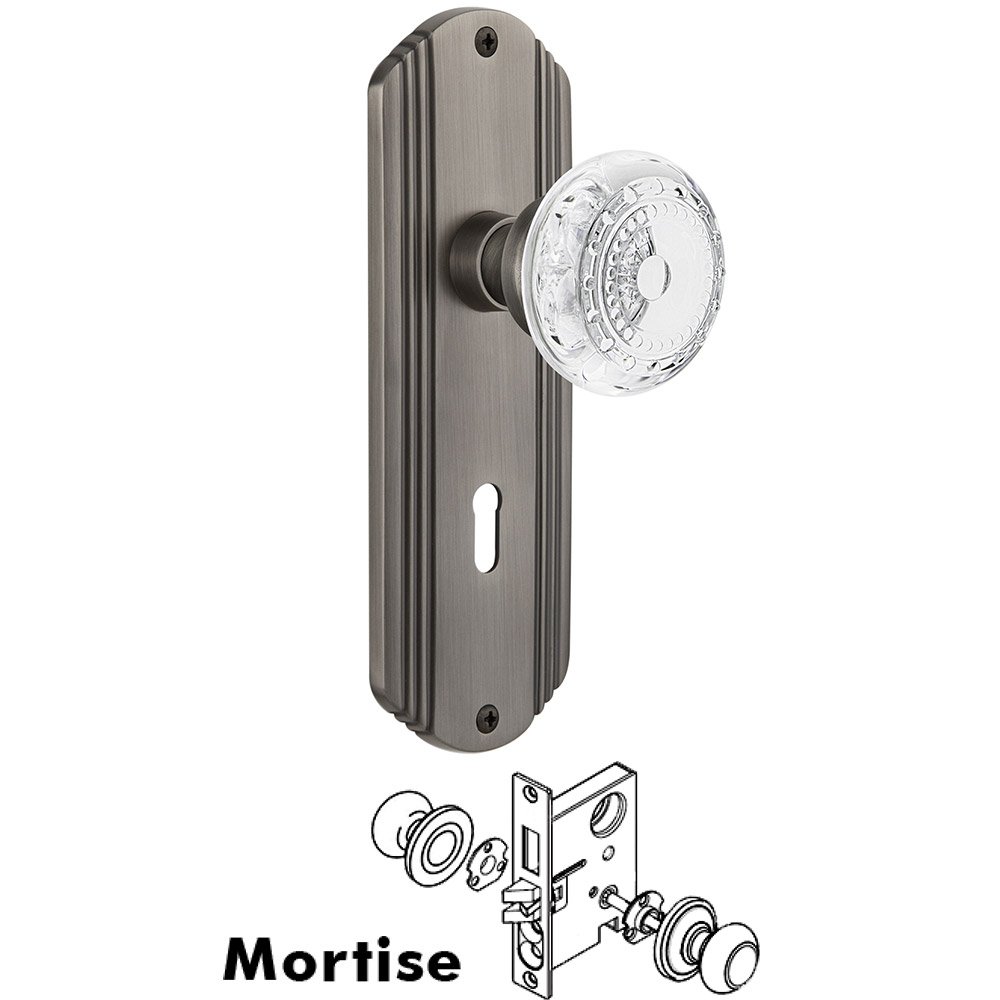 Mortise - Deco Plate With Crystal Meadows Knob in Antique Pewter