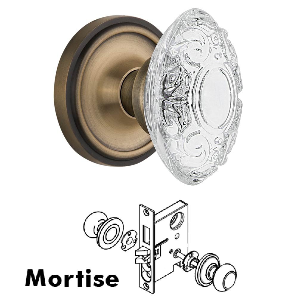 Mortise - Classic Rosette With Crystal Victorian Knob in Antique Brass