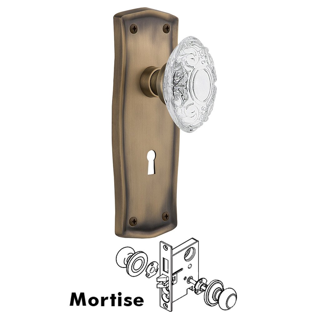 Mortise - Prairie Plate With Crystal Victorian Knob in Antique Brass