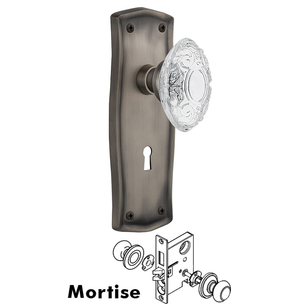 Mortise - Prairie Plate With Crystal Victorian Knob in Antique Pewter