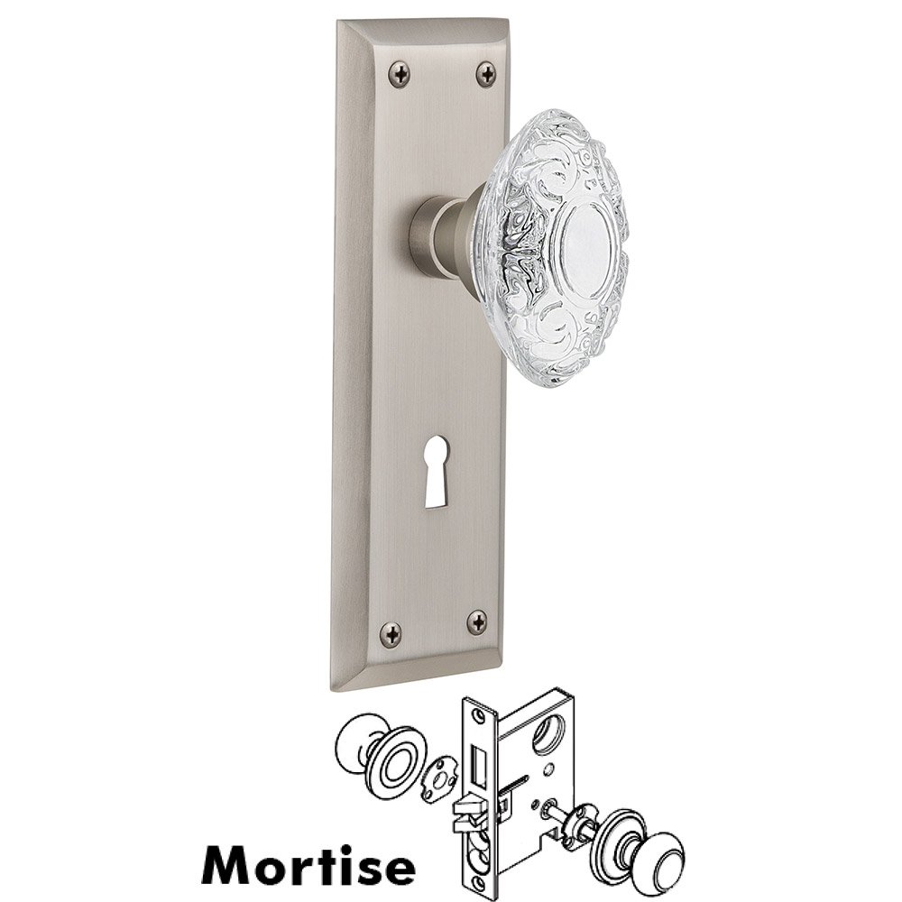 Mortise - New York Plate With Crystal Victorian Knob in Satin Nickel