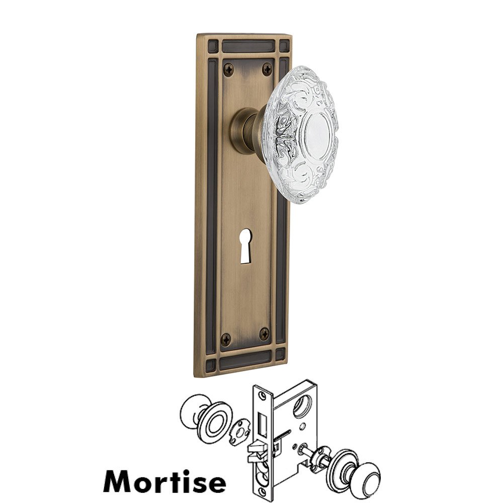 Mortise - Mission Plate With Crystal Victorian Knob in Antique Brass