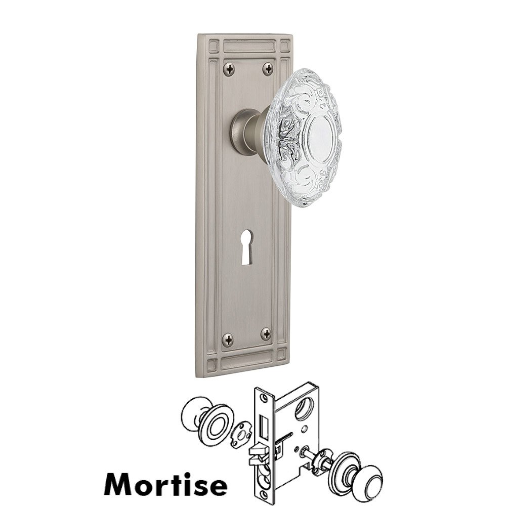 Mortise - Mission Plate With Crystal Victorian Knob in Satin Nickel