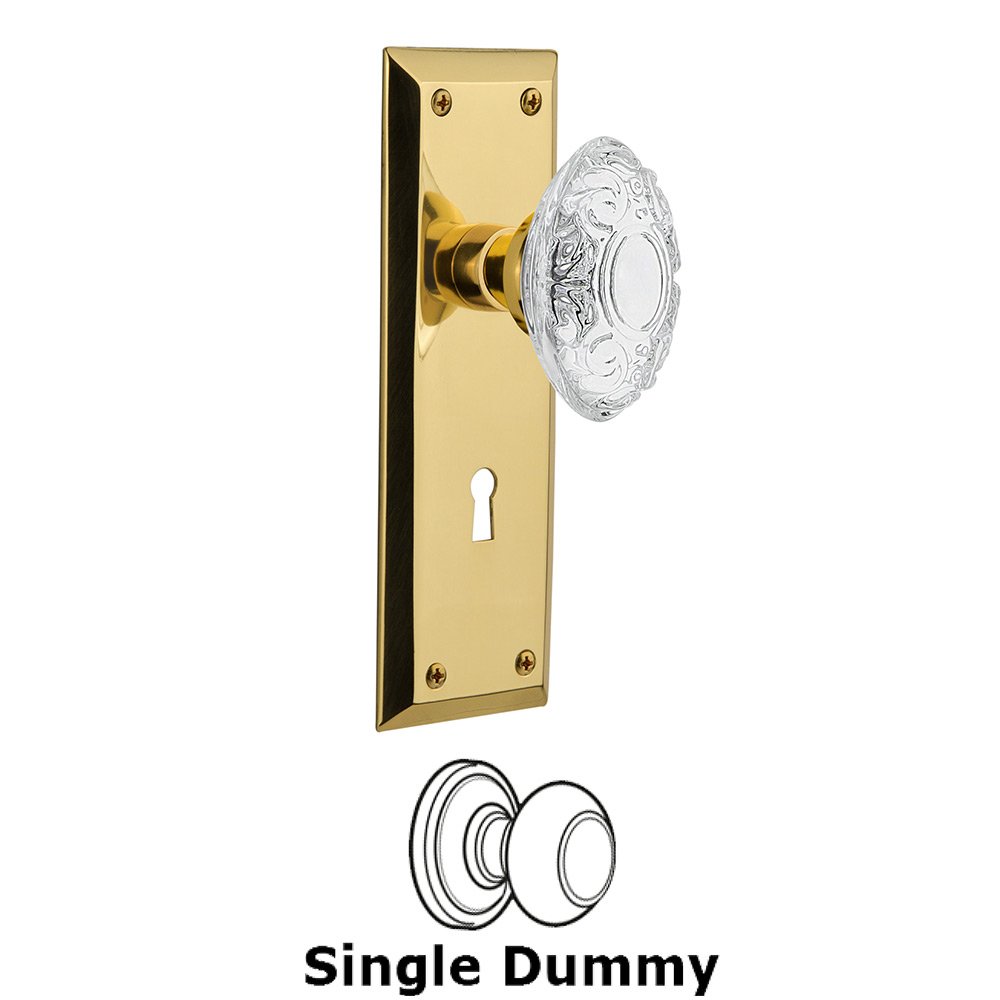 Single Dummy - New York Plate With Keyhole and Crystal Victorian Knob in Unlacquered Brass