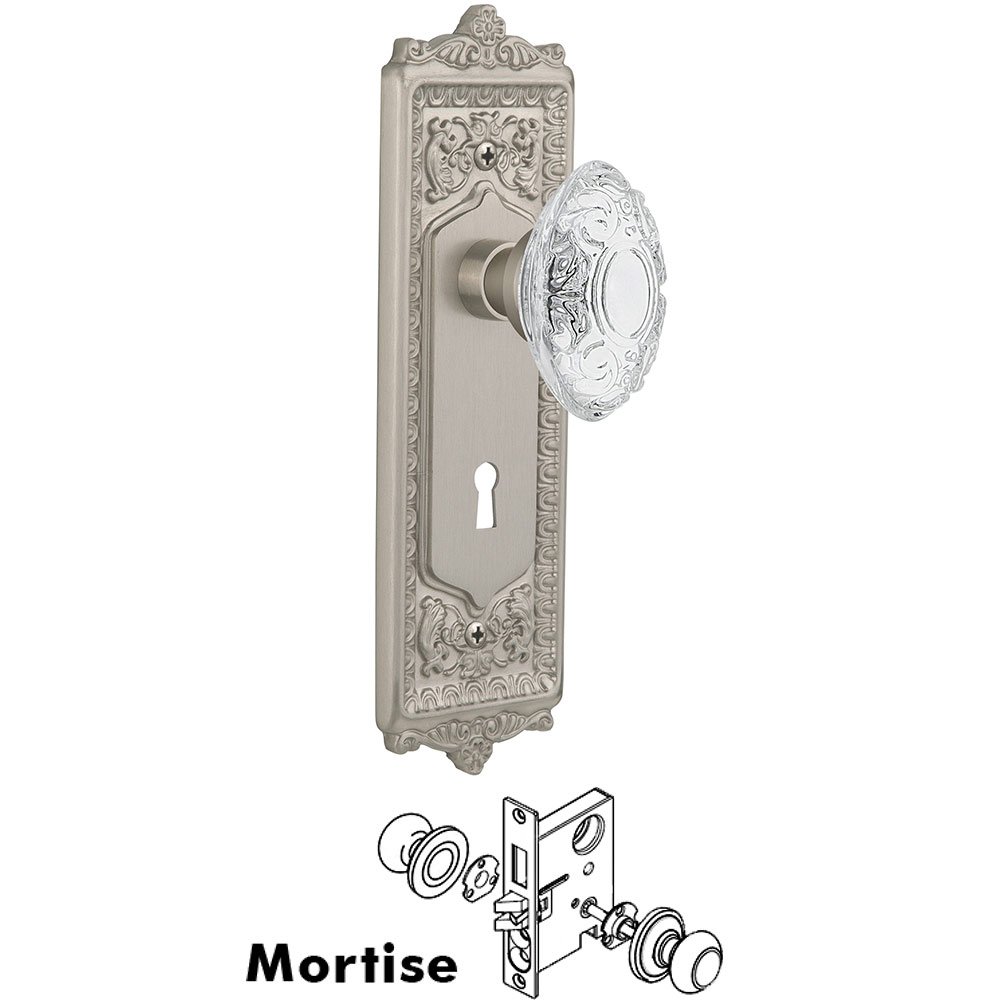 Mortise - Egg & Dart Plate With Crystal Victorian Knob in Satin Nickel
