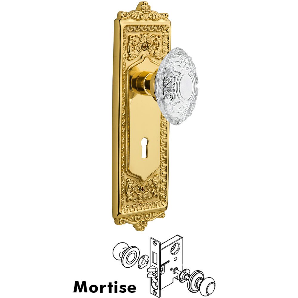 Mortise - Egg & Dart Plate With Crystal Victorian Knob in Polished Brass