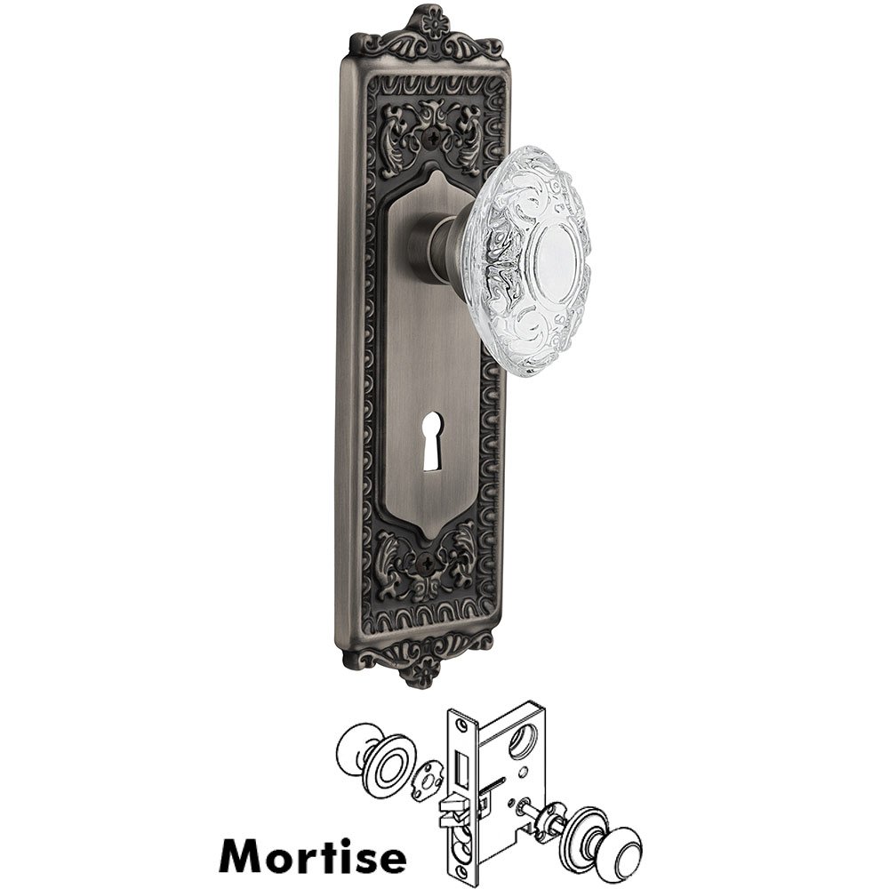 Mortise - Egg & Dart Plate With Crystal Victorian Knob in Antique Pewter