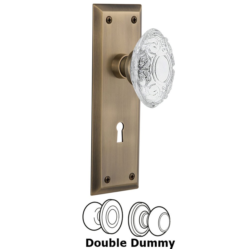 Double Dummy - New York Plate With Keyhole and Crystal Victorian Knob in Antique Brass