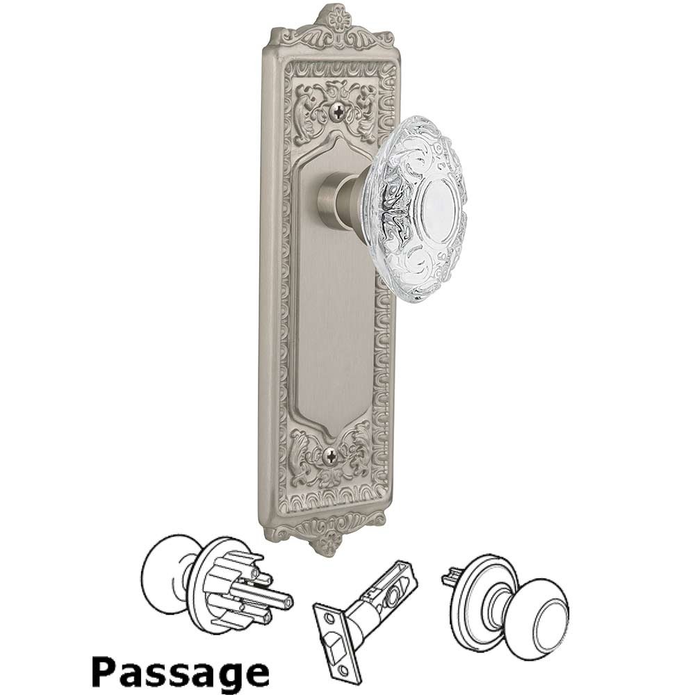 Passage - Egg & Dart Plate With Crystal Victorian Knob in Satin Nickel