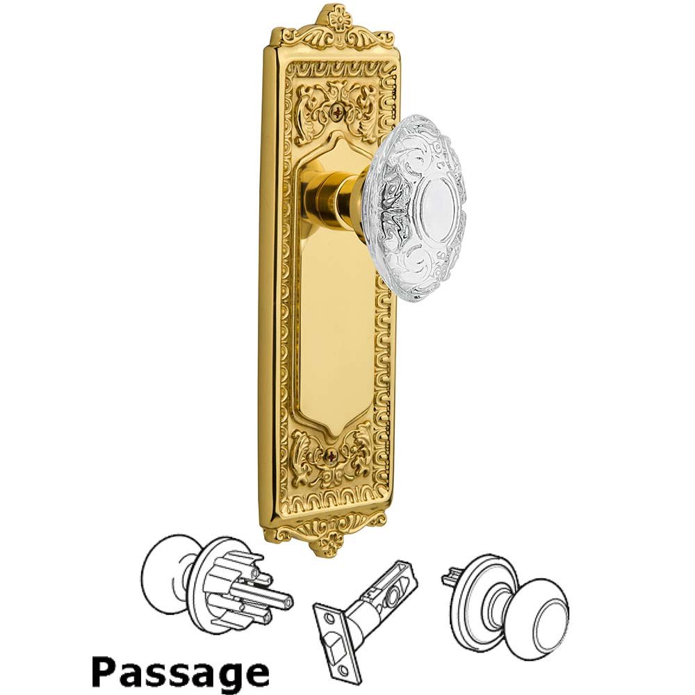 Passage - Egg & Dart Plate With Crystal Victorian Knob in Polished Brass