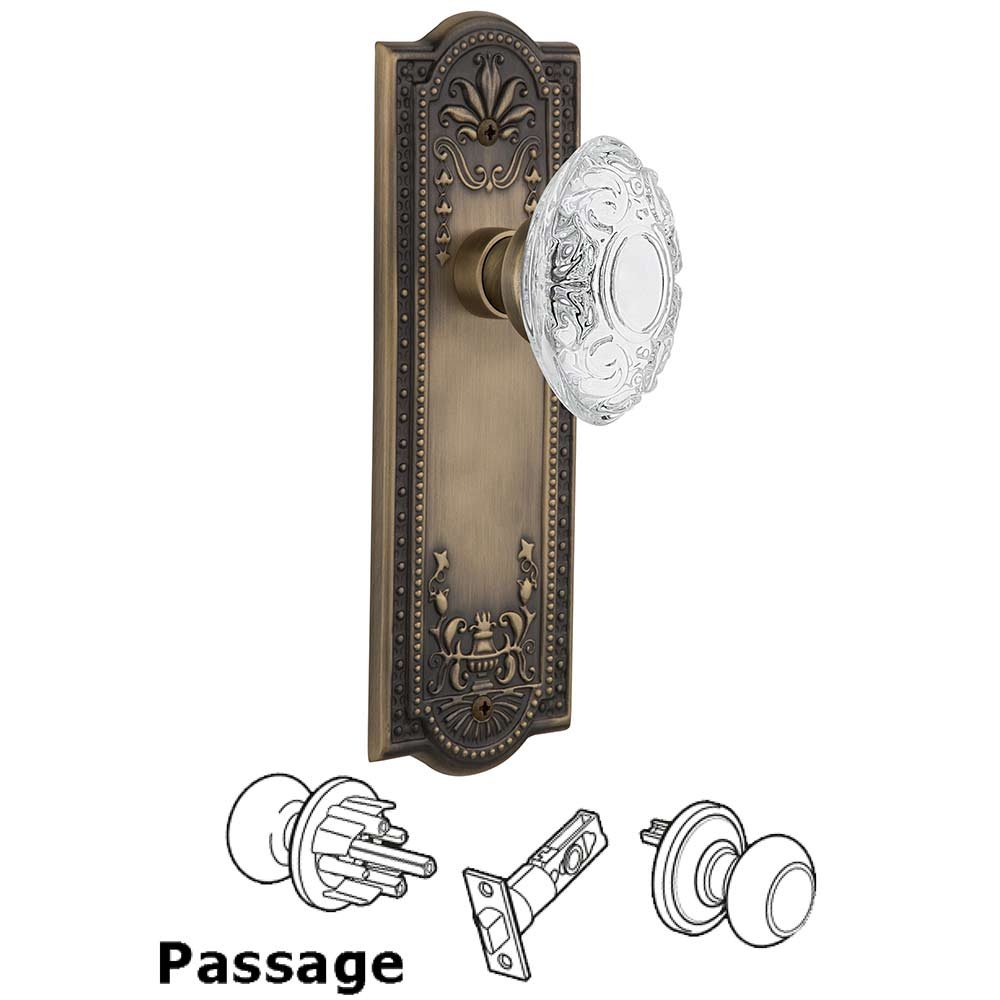 Passage - Meadows Plate With Crystal Victorian Knob in Antique Brass